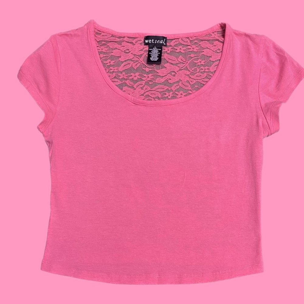 pink crop top with full lace back, size large